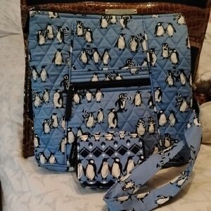 Vera Bradley Blue Penguin Print Quilted Bag w/Matching Pill Box & Key Charm